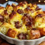 sausage and egg croissant casserole - featured image