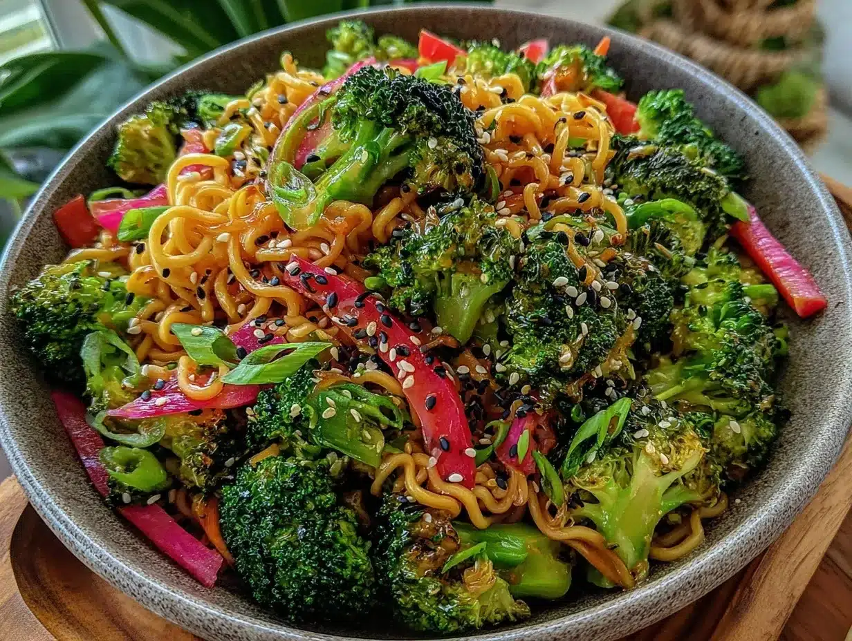 Asian sesame broccoli ramen salad preparation steps