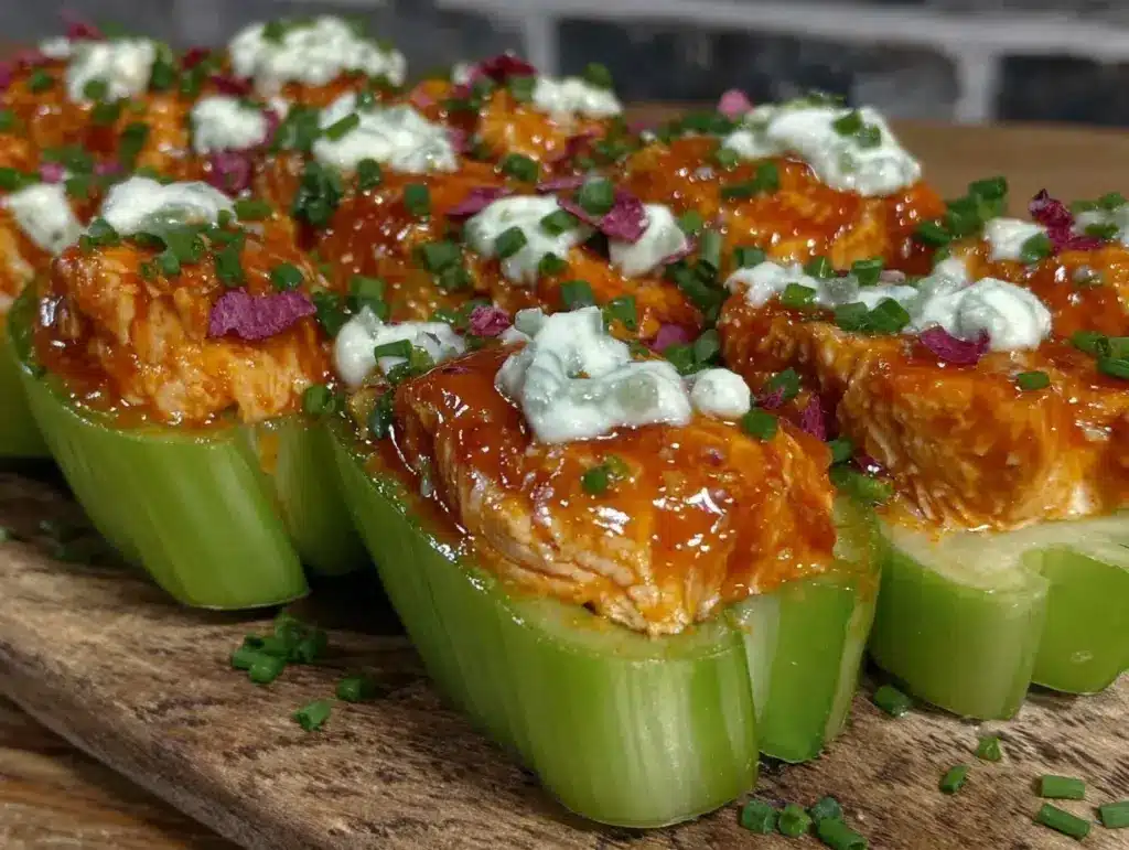 buffalo chicken stuffed celery boats - featured image