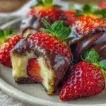 chocolate dipped strawberry cheesecake bites - featured image