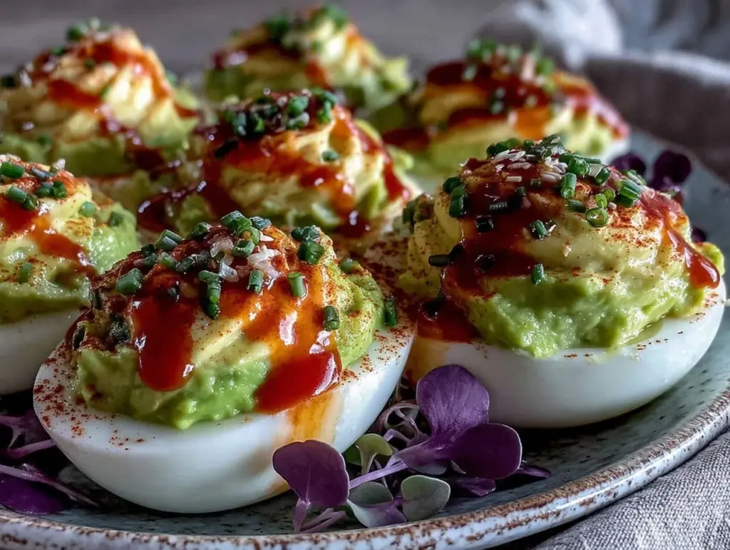 creamy avocado sriracha deviled eggs - featured image