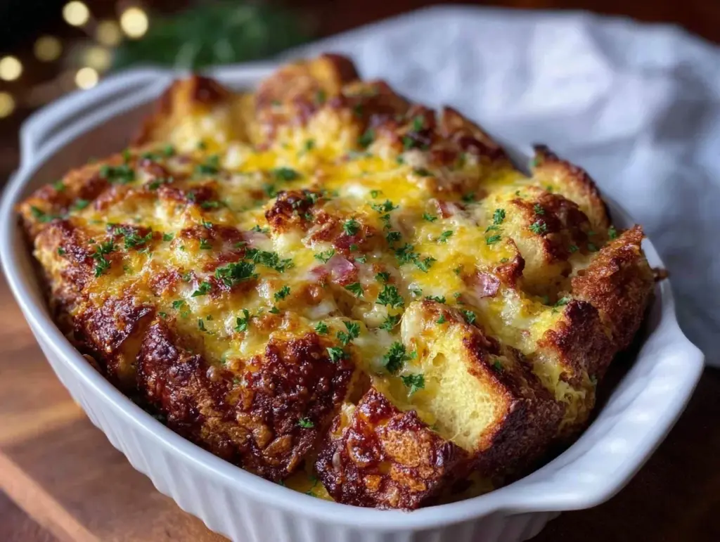 easy cheesy croissant ham and cheese breakfast casserole - featured image