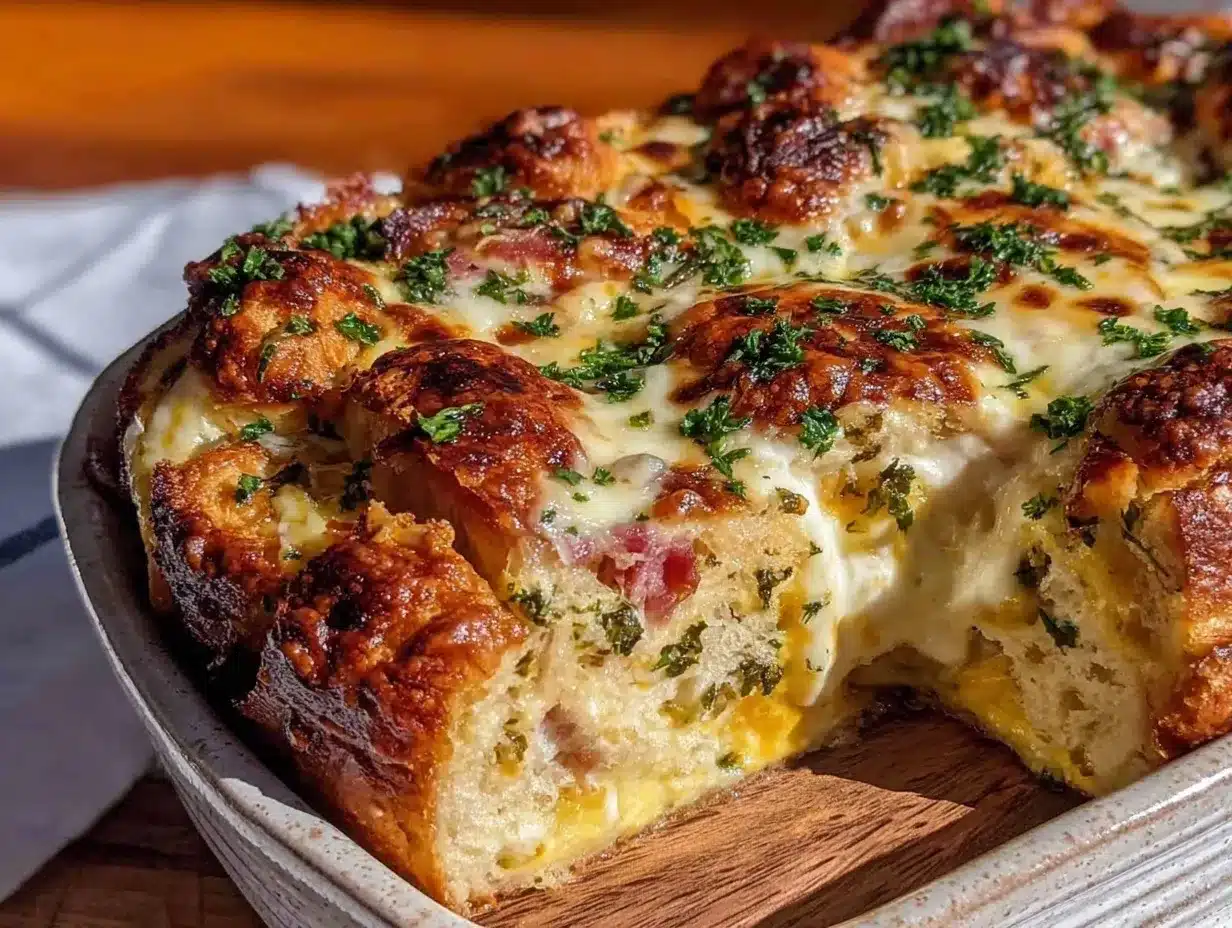 easy cheesy croissant ham and cheese breakfast casserole preparation steps