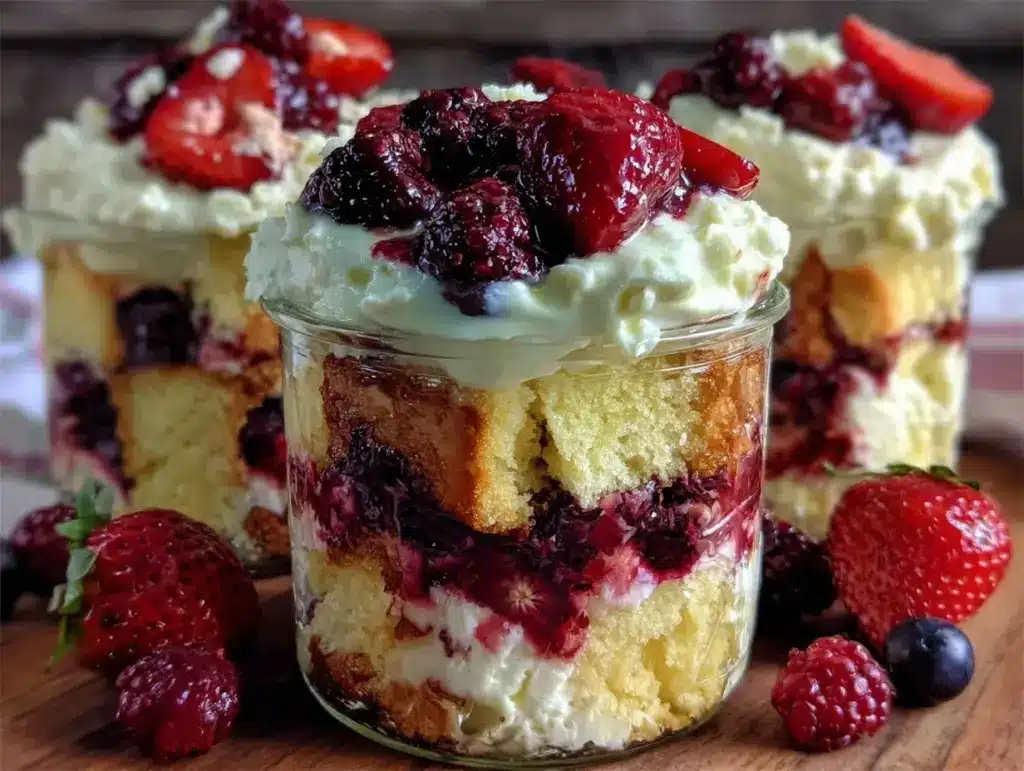 easy triple berry trifle jars - featured image