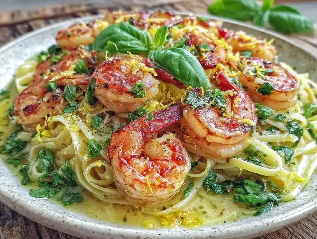 fresh lemon basil shrimp linguine - featured image