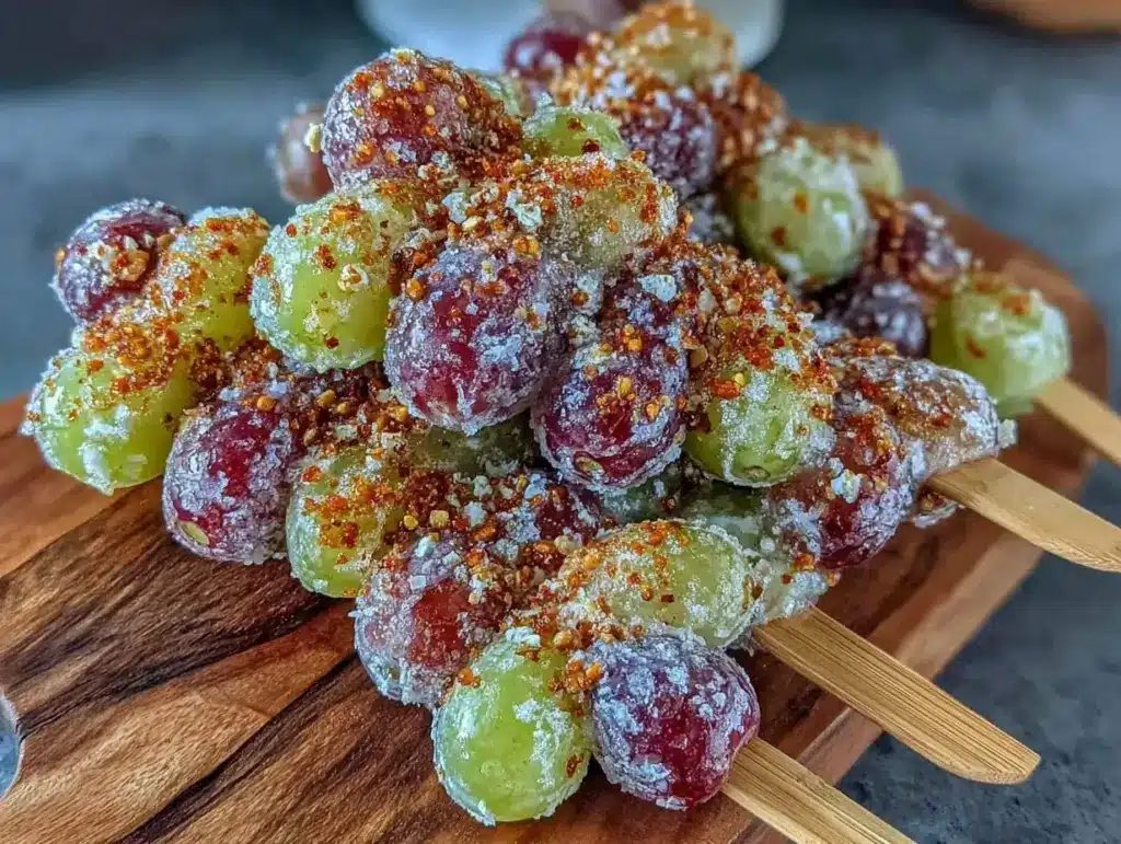 frozen grape skewers with tajin seasoning - featured image