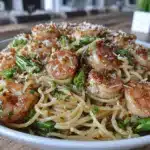 quick garlic scapes and shrimp pasta - featured image