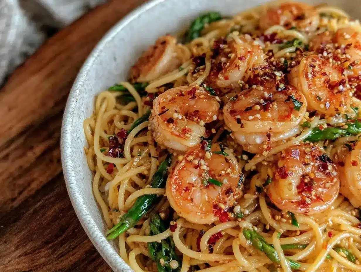 quick garlic scapes and shrimp pasta preparation steps