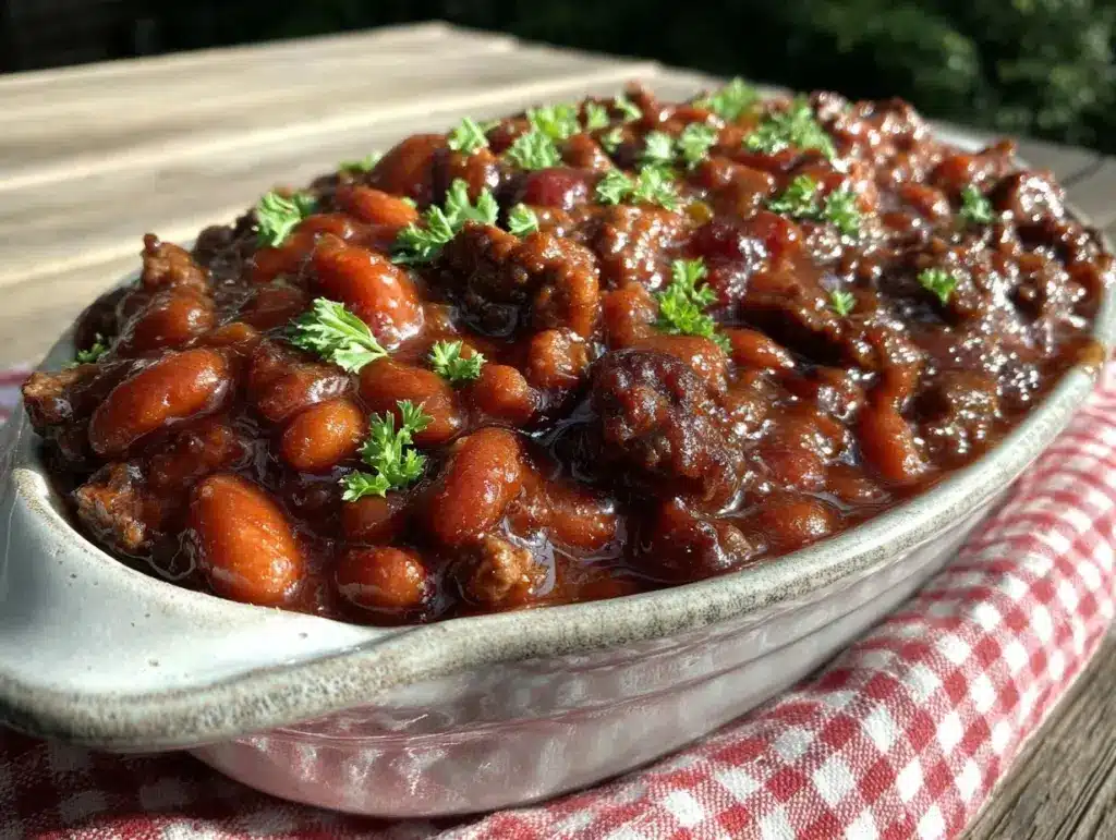 smoked bourbon baked beans with ground beef - featured image
