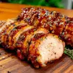 bourbon brown sugar glazed bacon-wrapped pork tenderloin - featured image