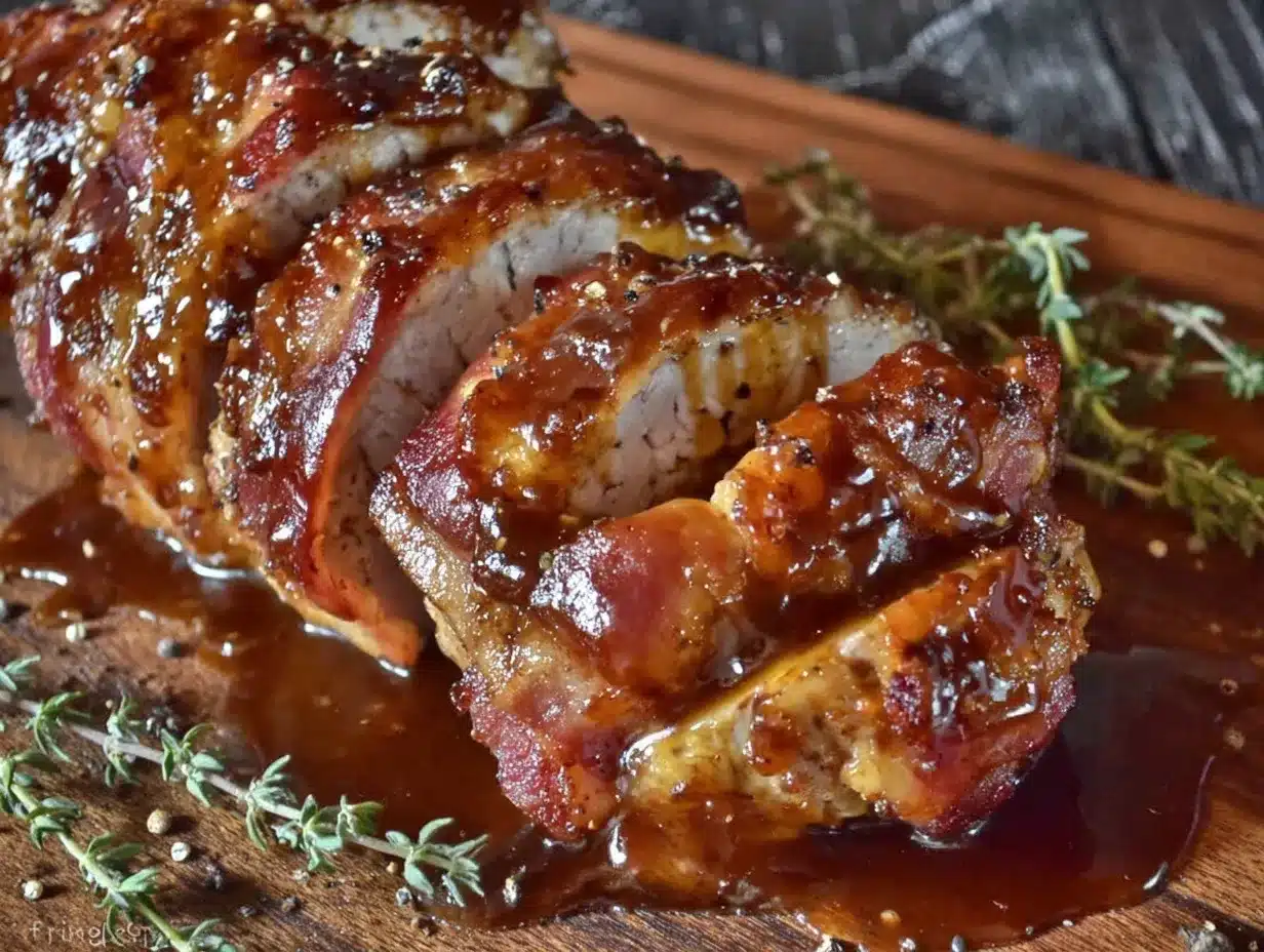 bourbon brown sugar glazed bacon-wrapped pork tenderloin preparation steps