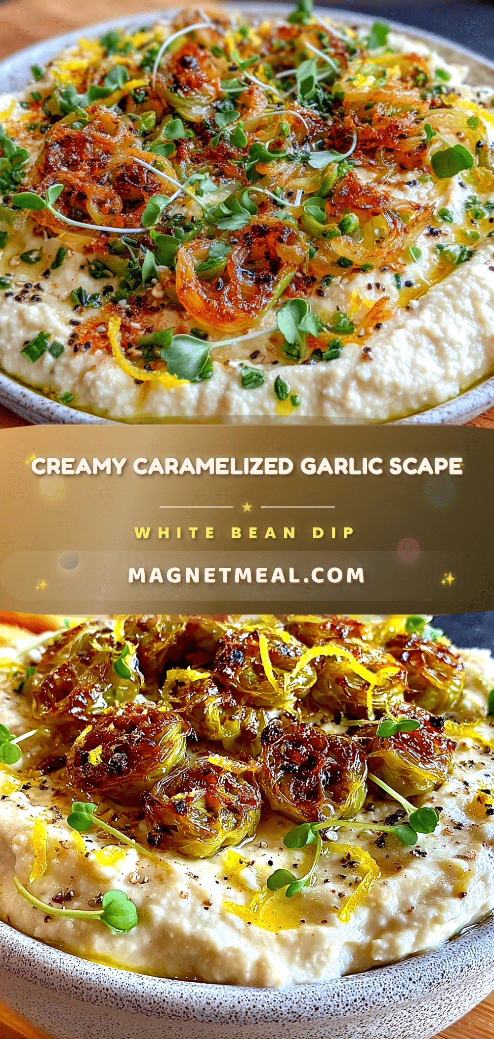 creamy caramelized garlic scape white bean dip recipe