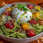 creamy garlic scape pesto pasta - featured image