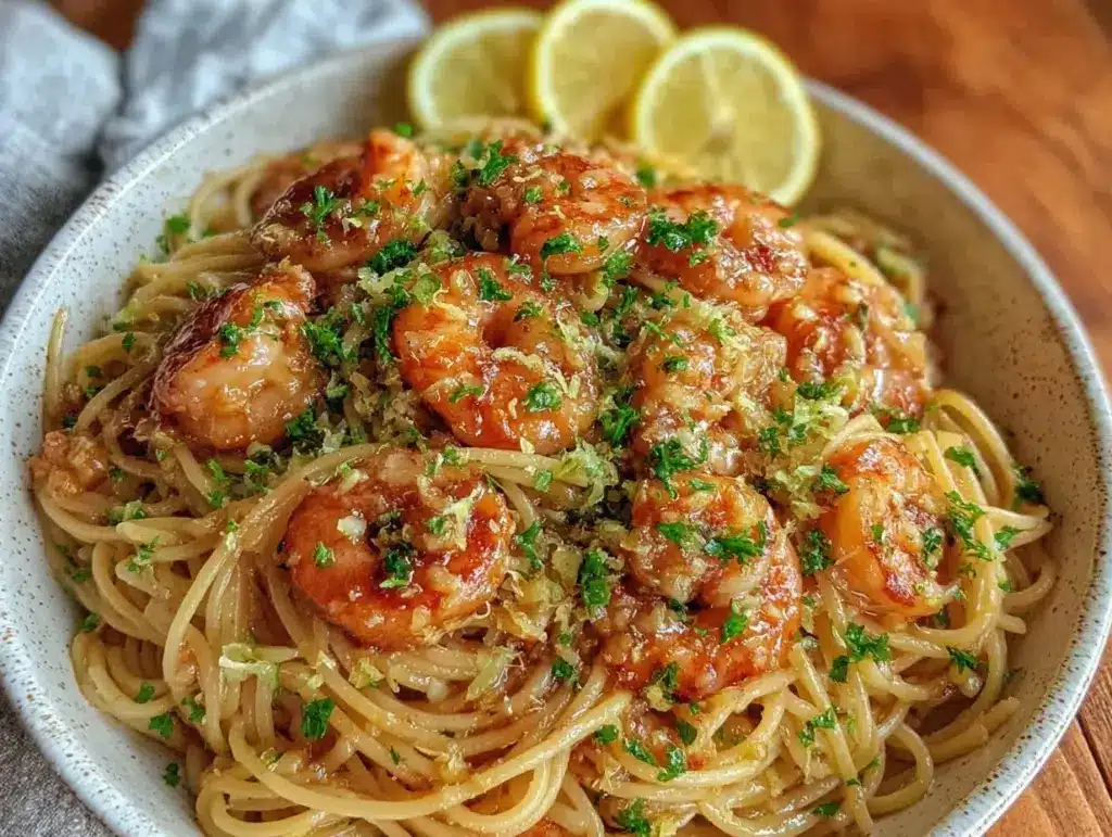 creamy lemon garlic butter shrimp spaghetti - featured image