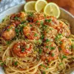 creamy lemon garlic butter shrimp spaghetti - featured image