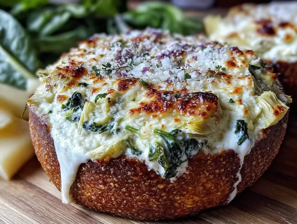 creamy spinach artichoke dip parmesan bread bowl - featured image
