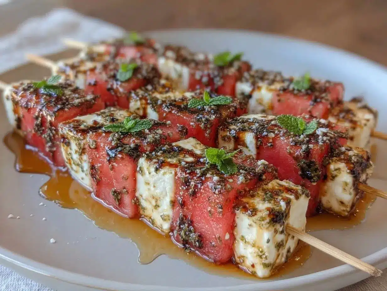 fresh watermelon feta mint skewers preparation steps