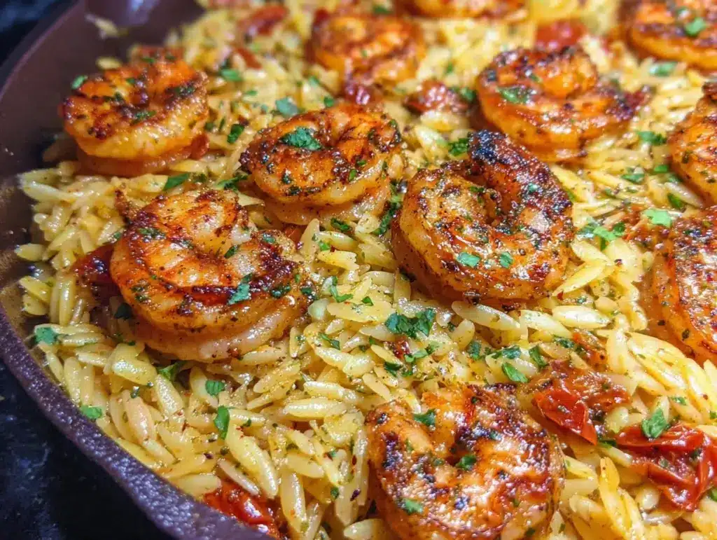 one-pan mediterranean shrimp with orzo - featured image