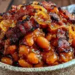 savory maple bourbon baked beans - featured image