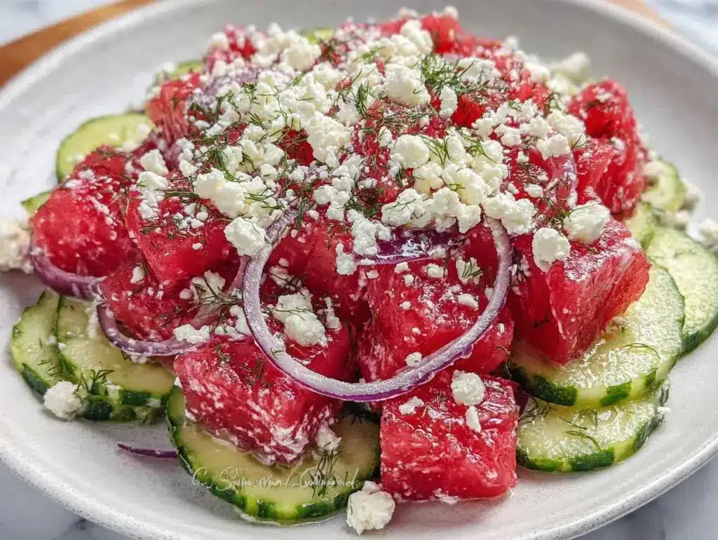 fresh creamy dill cucumber watermelon salad - featured image