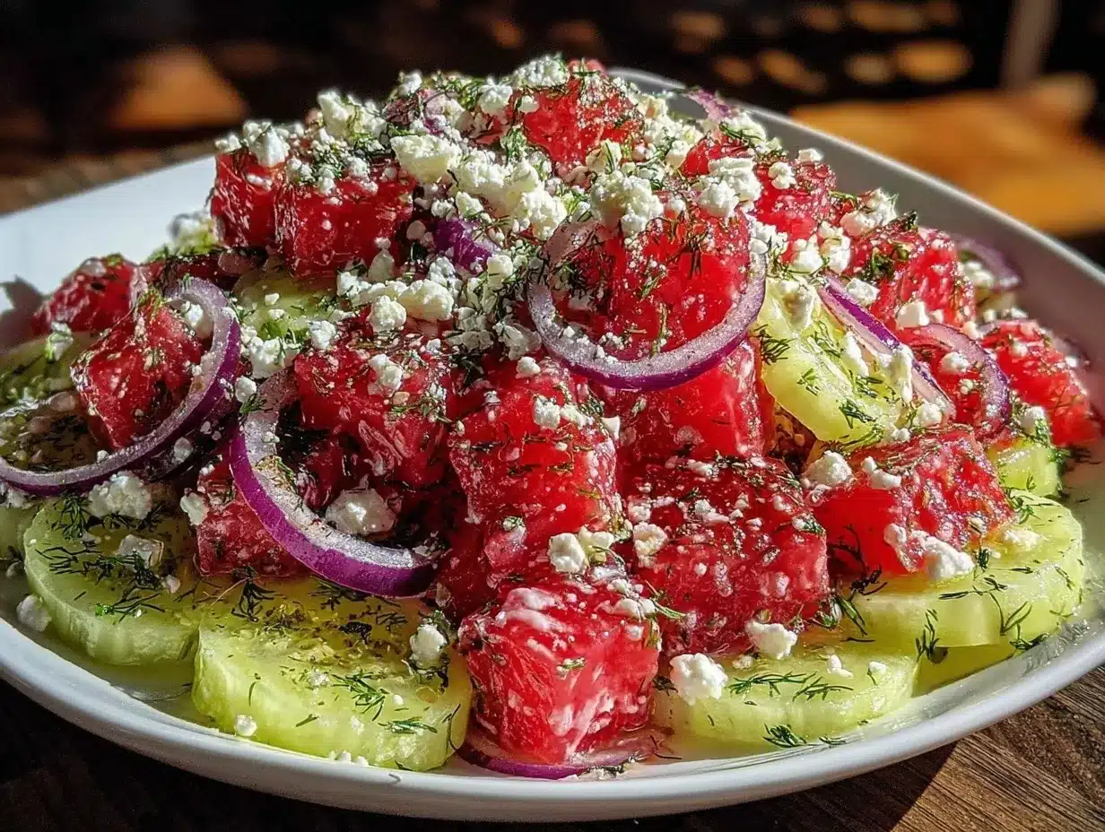 fresh creamy dill cucumber watermelon salad preparation steps