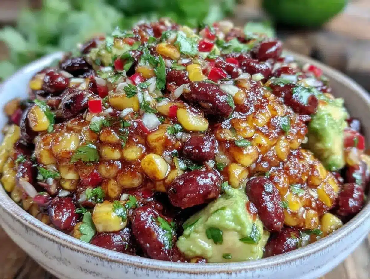 fresh smoky sweet cowboy caviar with avocado preparation steps